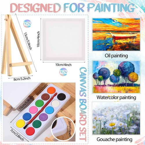 Teling 24 Set Mini Canvas Easel Set 4 x 4 Inch Art Canvases Painting Kit for Kids Birthday Gifts Art Party Supplies Gifts