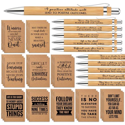 PerKoop 120 Pcs Inspirational Notebooks Motivational Pens Thank You Bamboo Pen Kraft Notebooks Employee Appreciation Gifts Bulk Pocket Journals Party Favors for Adults Nurses Coworkers Team (Quotes)