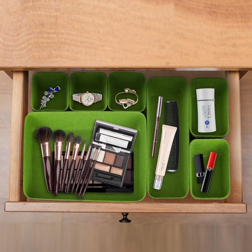 POTTIIS 8pcs Drawer Organizers, Separators, Storage Box,Felt Storage Bins Inserts Tool Containers Toy Basket Shelf Cubes Foldable Drawer Dividers Desk Organisers - Green&Grey