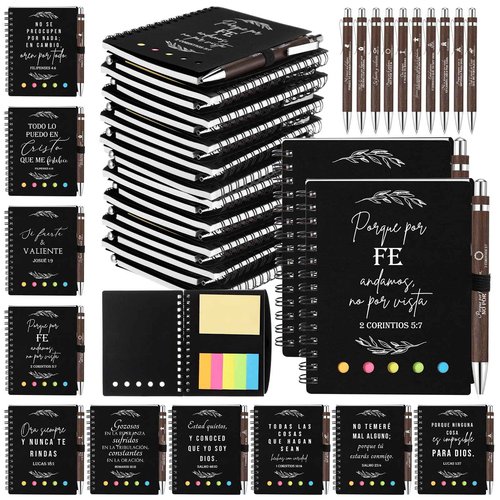 Kosiz 40 Pcs/20 Set Christmas Christian Gifts Prayer Journal Notebook Bulk for Women Journal Spiral 5.3x4.1 in, Religious Bible Verse Pen Sticky Note for Church Faith Based(Black,Spanish Bible Leaves)