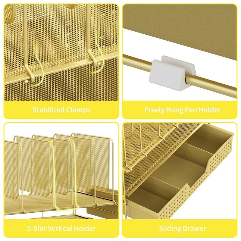 LEKETREE Gold Desk Organizer, Office Organization with Vertical File Holder, File Organizer with Drawer and Pen Holder, Desk Accessories and Workspace Organizers for Home Office (Gold)