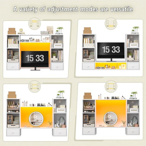 REIBII Desktop Bookshelf with LED Lights,47.2" Desktop Organizer with 6 Shelves and 2 Drawers for Top of Desk,Multipurpose Desk Hutch Dorm with Adjustable Shelves for Home and Office,White