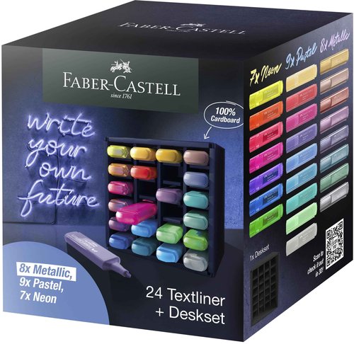 Faber-Castell Highlighter Desk Set - Assortment of 24 Chisel Tip Markers, Metallic, Neon, and Pastel Set - Thin No Bleed Highlighters, Stationery and Bullet Journal Supplies, Gifts for Artists
