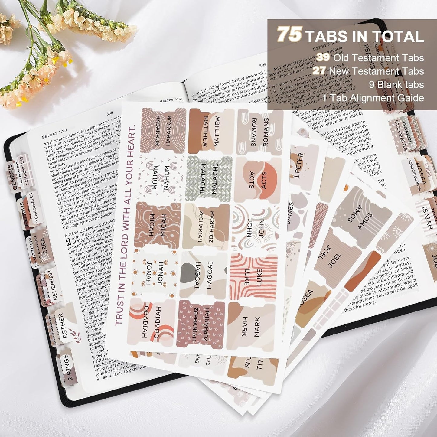 Skiennix Laminated Bible Tabs - Large Print Boho Theme for Easy Navigation & Quick Reference