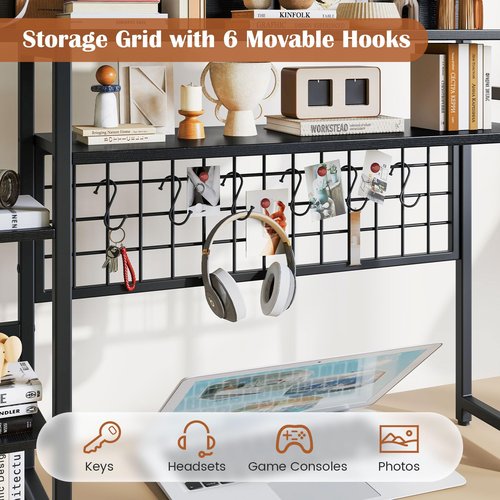 Giantex Desktop Bookshelf, 37" Desk Shelf for Up to 32" Computer Monitors, 4 Tier Desktop Display Shelves with Grid Panel, 6 Movable Hooks, Anti-tip Device, Desk Hutch for Home Office Dorm (Black)