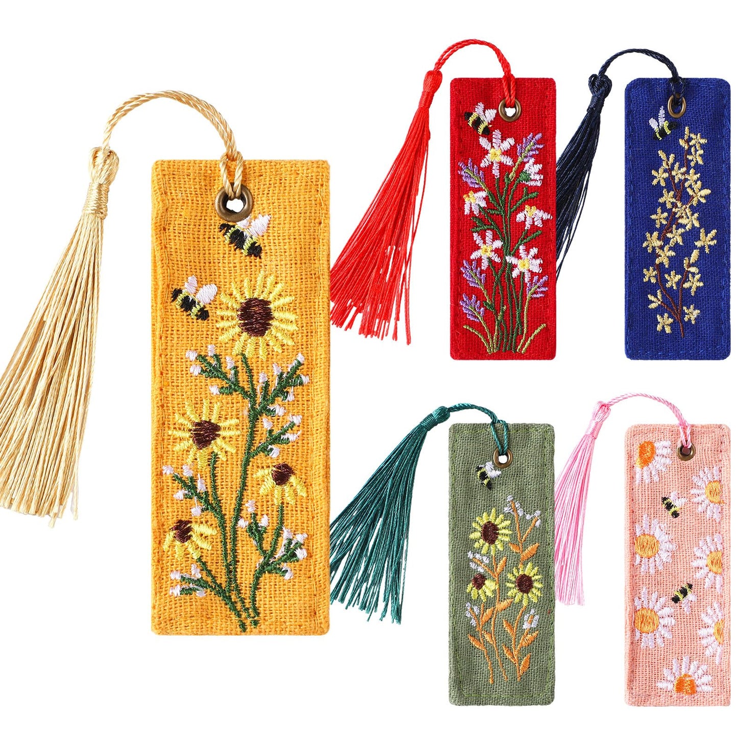Skyygemm 5 Pcs Floral Embroidered Bookmarks with Tassels for Women Cute Handmade Flower Bookmark Bulk Linen Hand Embroidered Bookmark, Unique Book Lovers Gifts for Women Reading Lovers