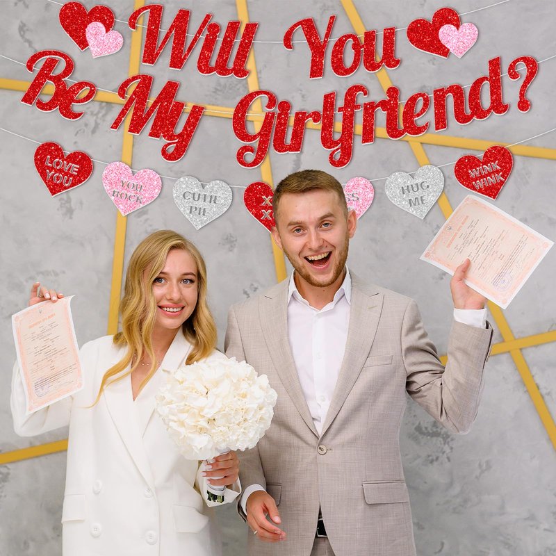 Red Glitter 'WILL YOU BE MY GIRLFRIEND' Proposal Banner with Heart-Shaped Cute Love Message Sign for Romantic Special Night Decorations, Engagements, Proposals, and Valentine's Day Party Supplies