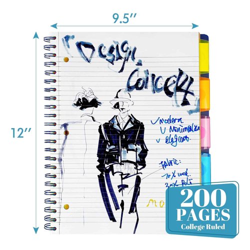 MOWEE 2 Pack- 5 Subject Notebook, College Ruled Notebook 3-Hole Punched With Dividers, Storage Pockets, 11" Ruler, 200 Pages, for Writing Journal, Home &Office, School Supplies（RB）
