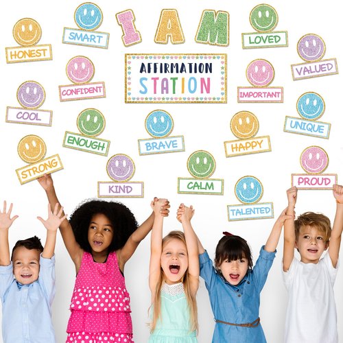 FYSUIMU Boho Smile Face Affirmation Station Bulletin Board Set Positive Sayings Pastel Happy Face Cutouts for Back to School Classroom Chalkboard Wall Decor