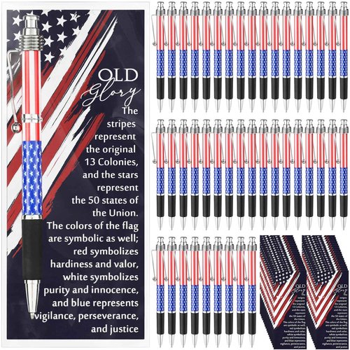 300 Sets Veterans Day Gifts Bulk American Flag Ballpoint Pens USA Patriotic Themed Black Ink Retractable Pen Stars Stripes Bookmarks Stationery Remembrance Day for Home Office Army Veterans Souvenirs