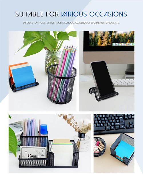 GAUENEEN Desk Organizer Set, 6 Piece Mesh Office Accessories, Pen Holder, Phone Stand, Clip Holder, Desktop Storage Set, Black