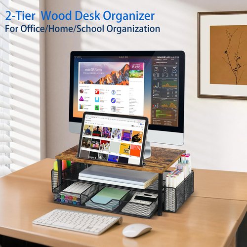 Wood Desk Organizers and Accessories, 2-Tier Computer Monitor Stand with Drawer, Pen Storage & Tablet Phone Holder, Office Desk Accessories, Workspace Desktop Organization for Office Supplies（Brown）