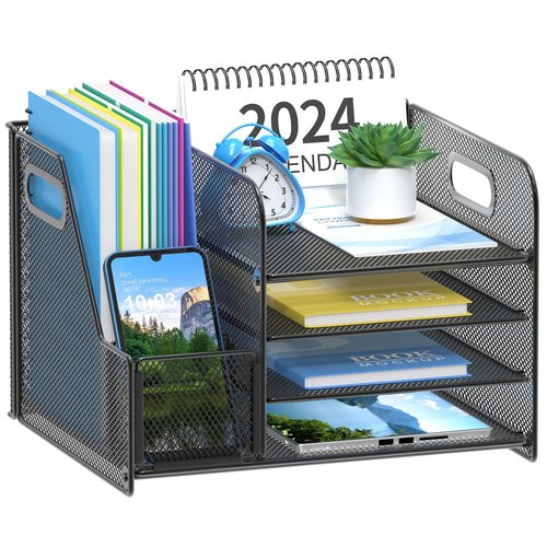 VEESUN 4-Tier Mesh Desk Organizer with File Holder – Office Supplies Organizer for Workspace Accessories, Black