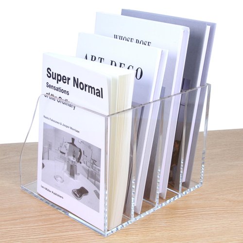 AIMOLLY Acrylic Magazine File Holder, 4 Vertical Compartments Desk Document Sorter Organizer, Clear Folder Rack Binder for Office/Home/Classroom, for Documents, Tablet, Magazines, Books & Accessories