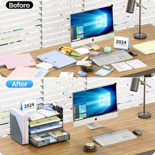 OPNICE Desk Organizer and Accessories, 4-Tier Desktop File Organizer with Drawer and 2 Pen Holders, Office Desk Accessories for Office Supplies(Black)