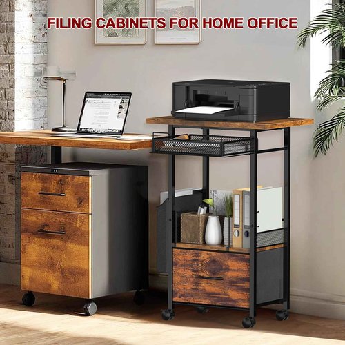 Mobile 3-Tier Printer Stand with 2-Drawer File Cabinet, 24 Extended Desktop & Lockable Wheels, Adjustable Rolling Cart for Home Office Storage (Rustic Brown)