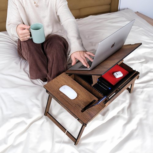Vigo Wood Laptop Stand for Bed, Adjustable Laptop Lap Desk and Lap Tray with Built-in Storage, Foldable and Ergonomic Design for Reading, Writing, and Working (Walnut)
