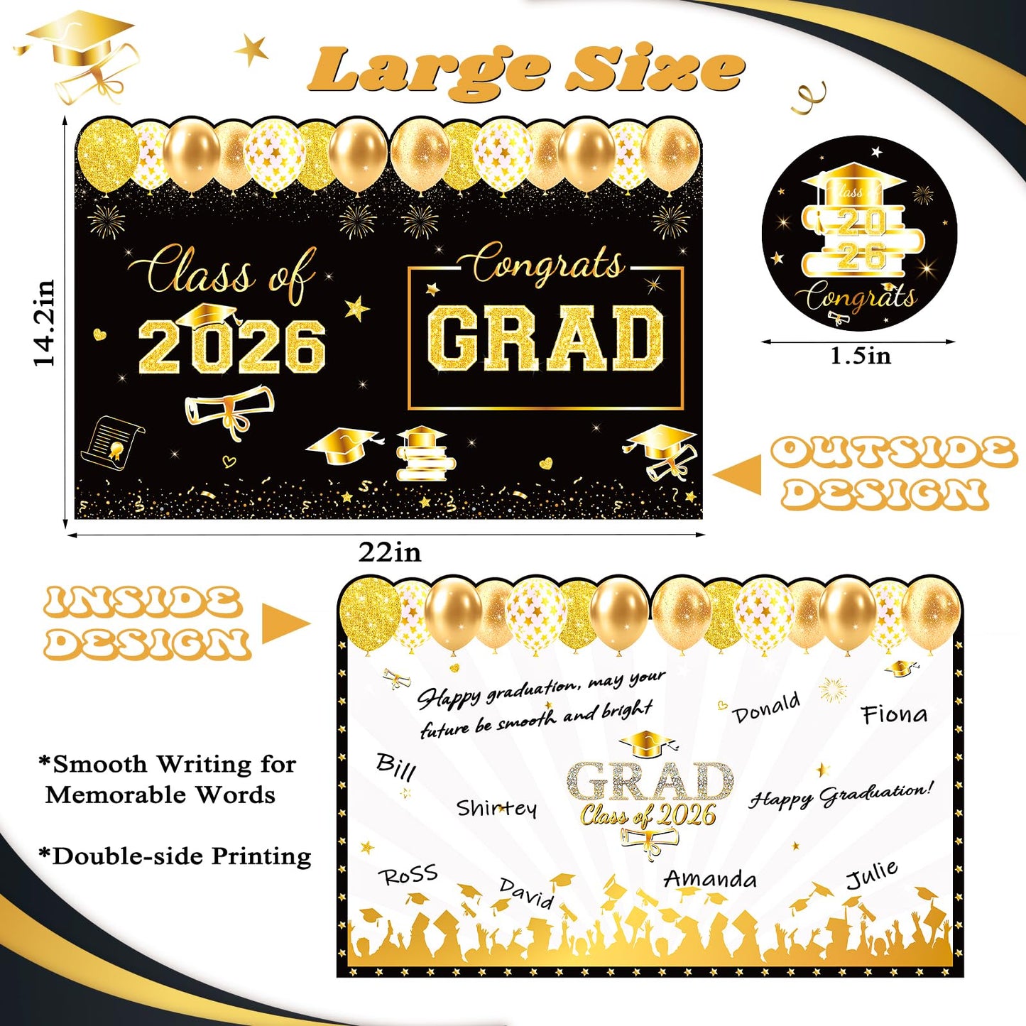 Jumbo Graduation Card Guest Book with Envelope, Class of 2026 Big Folded Congrats Grad Signature Card for Graduation Party Decorations, Large Greeting Card for High School College Graduates Black Gold