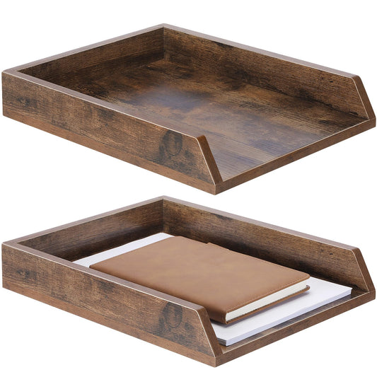 DoubleFill 2 Pcs Wooden Letter Trays Wood Letter-Size Desk Organizer Heavy Duty 2 Tier Stackable Supports Paper Tray Desktop Drawer Organizer File Folder Magazine Office Accessories (Dark Wood)