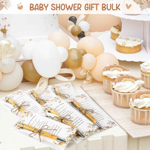 EYNDYN 100 Set Boho Baby Shower Ballpoint Pens Gifts Bulk for Guest Wood Bamboo Pens With Thank You Cards Bohemian Pampas Grass Floral Girl Boys Party Favors Souvenirs Prizes