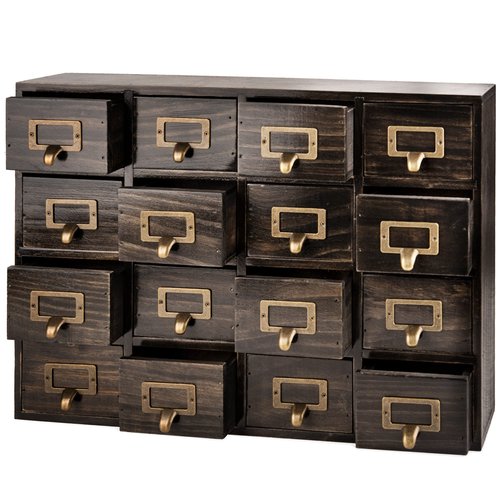 Dark Ash 16-Drawer Card Catalog Artisan Drawer Chest - 20"x3.6"x14" - Desktop Apothecary Crafted in Solid Wood, Curating Timeless Order - A 4-Tiered Storage with Label Holders & Handles for Your Table
