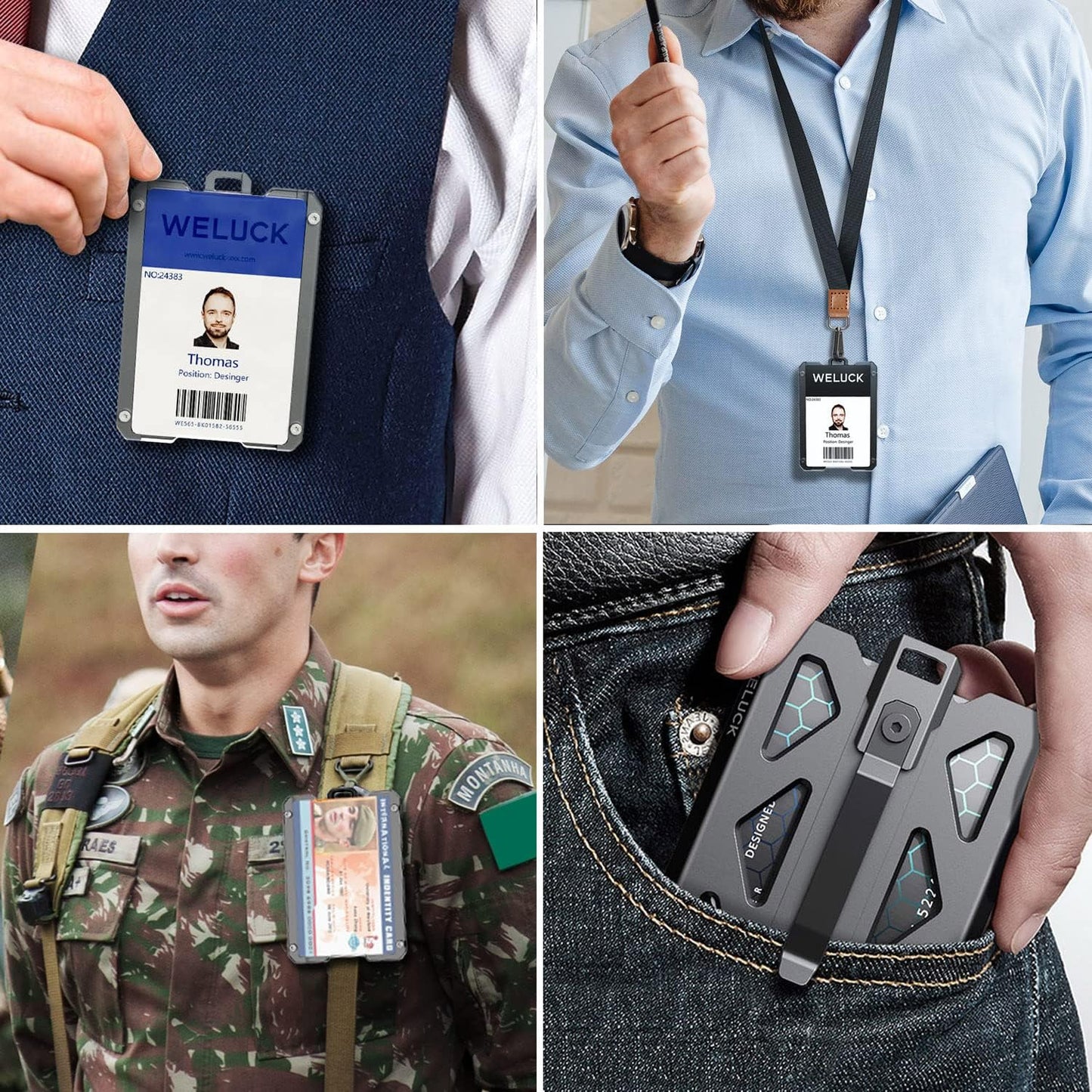 WELUCK Durable Aluminum ID Card Holder Wallet - 4 Cards/ID Badges with Lanyard & Metal Clip | Black