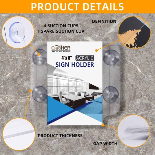 CiaoHER Acrylic Sign Holder 4 x 6, Clear Acrylic Frames Glass Window Wall Mount Advertising Signage Sign Holder with 4 Suction Cups for Mall, Office, Home, Restaurant, Vertical（6 Pack）