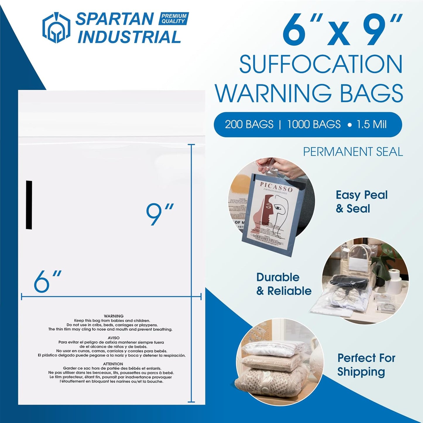 Spartan Industrial - Self-Seal Clear Poly Bags (6" X 9", 1000 Count) | Durable with Suffocation Warning
