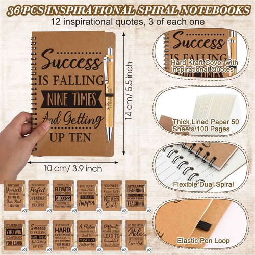 Geyoga 72 Pcs Motivational Customer Service Gifts Set Inspirational Spiral Kraft Notebooks Retractable Bamboo Pens Christmas Appreciation Thank You Gift for Pastor's Wife Employee Teacher Coworker