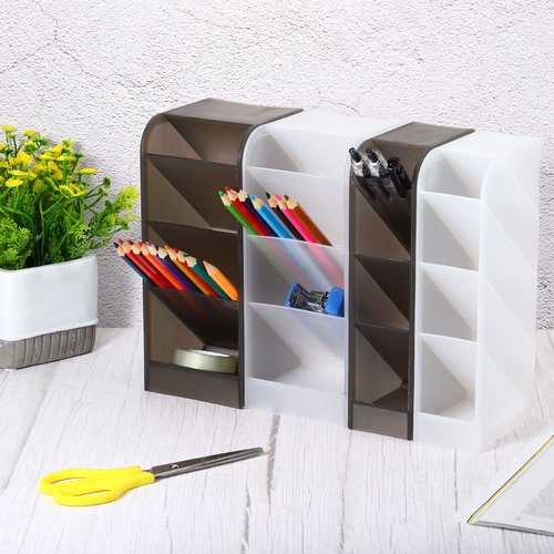 PATIKIL Pen Holder, 3 Pack Desk Organizer Plastic 4 Compartments Pencil Storage Box for Office Home Supplies, Clear Black