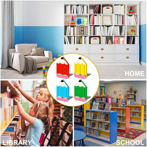 FYSUIMU 4Pcs Back to School Wood Bookends Colorful Pencil Shape Wooden Book Stands Chic Non Skid Book Stoppers for Heavy Books Home School Office Library