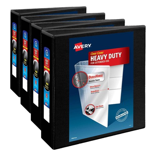 Avery Heavy-Duty View 3 Ring Binder, 3 Inch One Touch Slant Rings, 3.5" Spine, 1 Black Binder (79100) (Pack of 4)