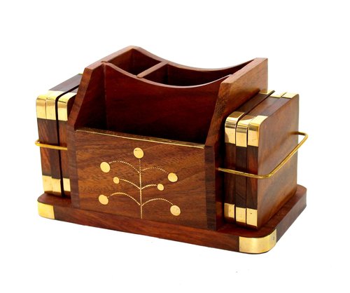 Stonkraft Wooden Rosewood Desk Organizer, Coasters Set, Pen Stand, Business Card Holder with Brass Work (Office Table Accessories)