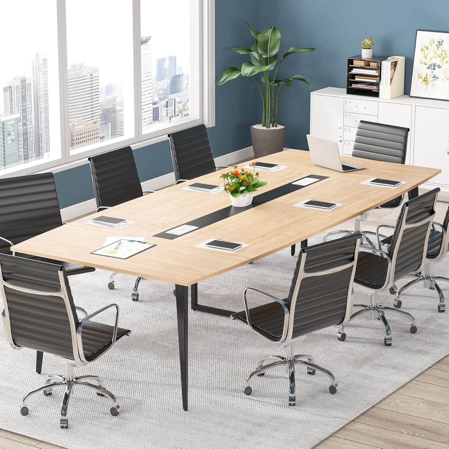 Tribesigns 8FT Conference Table - Modern Boat Shaped Meeting Table with Grommet | Light Wood Grain Finish