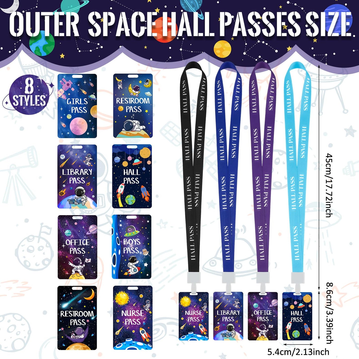 8 Set PVC Hall Pass Lanyards Outer Space Unbreakable Hall School Passes Teacher Supplies for Classroom Elementary Middle School Bathroom Library Office Nurse