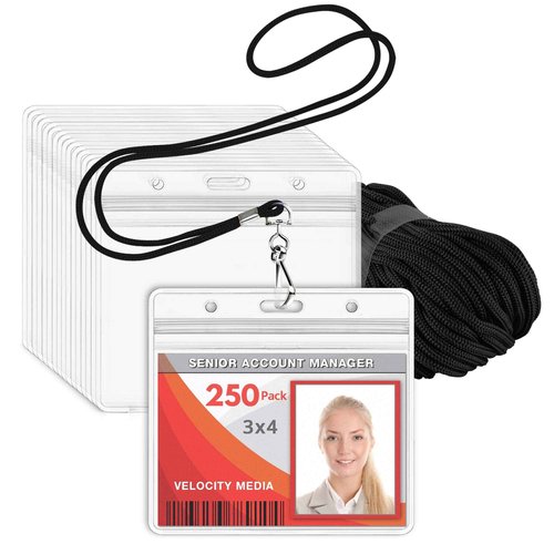 Mifflin-USA - Lanyard with Clear Horizontal Card Protector - Black, 4x3 Inch, 250 PK - ID Name Badge Holder with Lanyard Set
