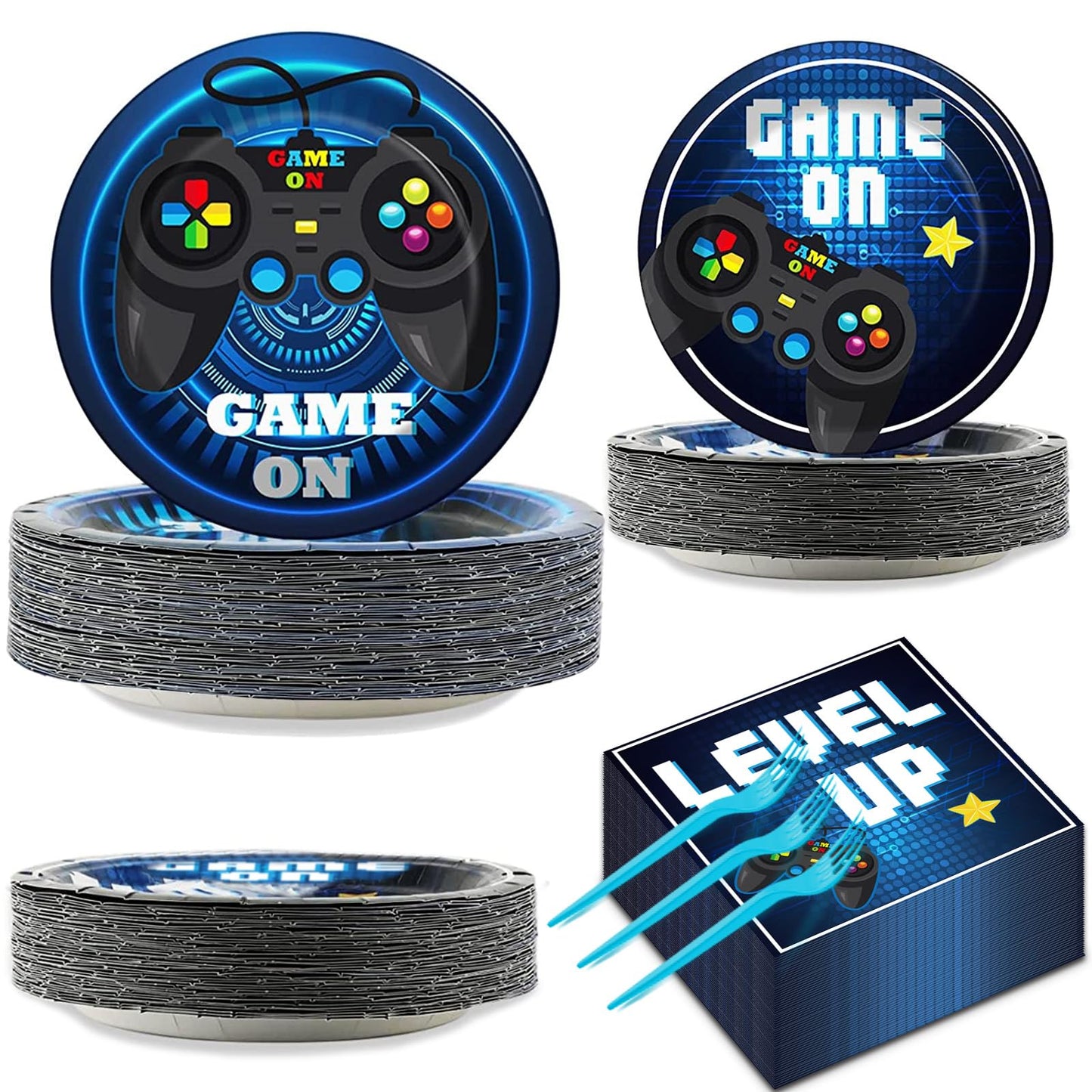 gisgfim 200 Pcs Video Game Party Favors Supplies Paper Plates and Napkins Gaming Birthday Party Decorations for Gaming Serves 50