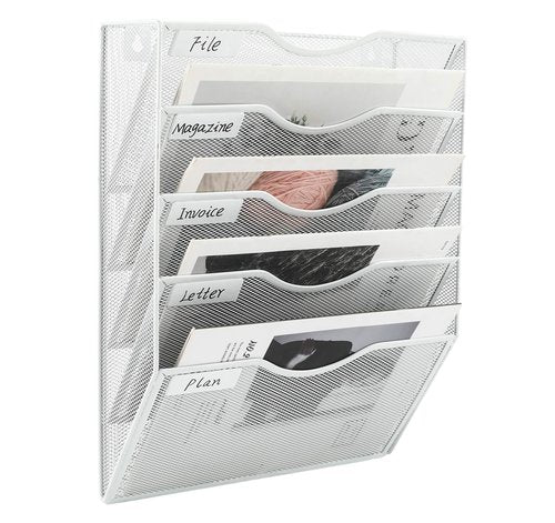EasyPAG 5 Pocket Wall Mounted Mail Organizer, White | Metal Mesh Wall File Organizer | Hanging Magazine Document Holder with Label | Home Office Vertical Space Saving Paper Storage