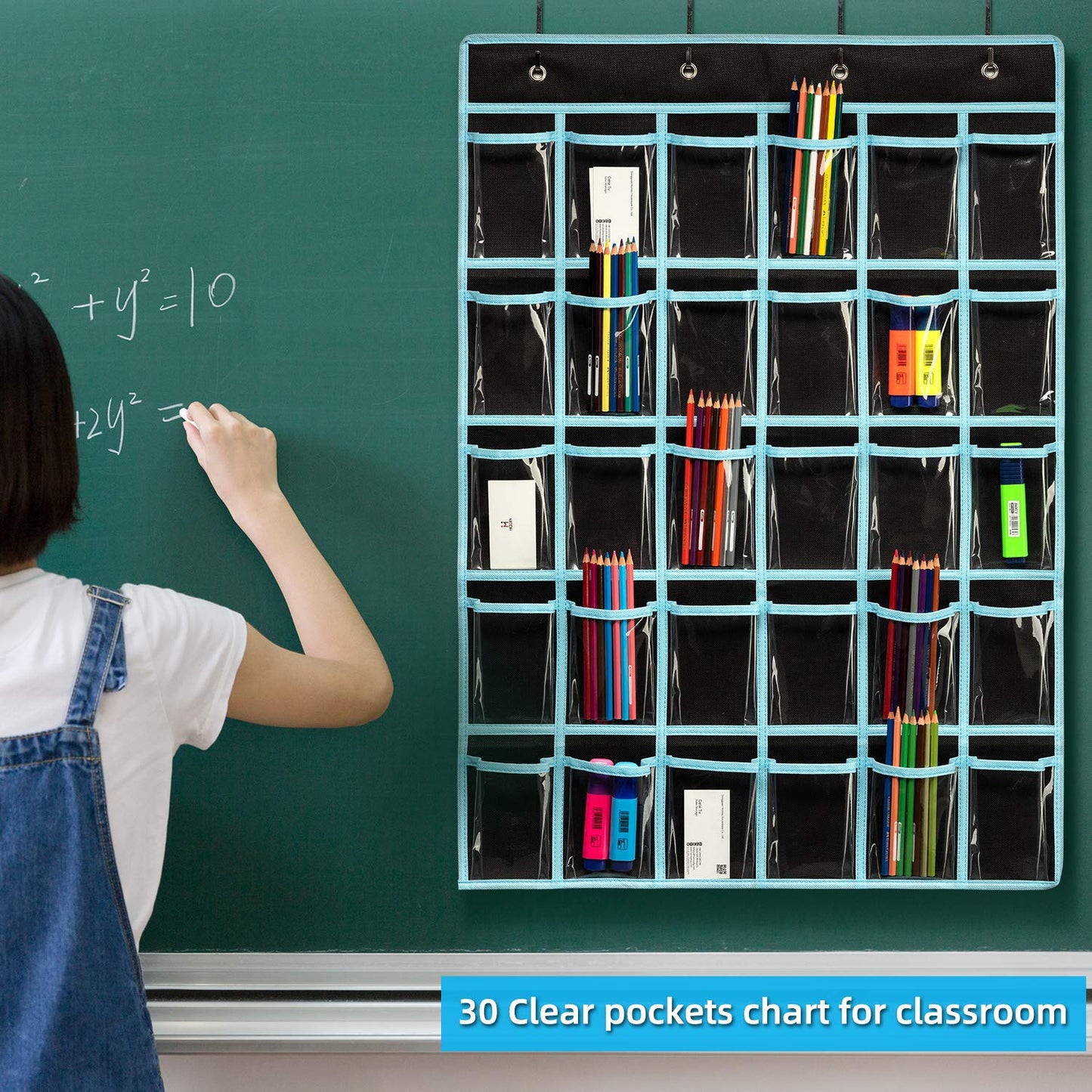 KEEPJOY Classroom Pocket Chart Organizer,Cell Phones Calculator Holder for Classroom Storage, Hanging Wall Door Calculator Phone Caddy for Classroom. (30 Pockets-Black)