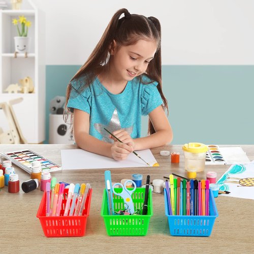 IKAYAS 30 Pack Colorful Small Plastic Classroom Storage Baskets, 6.1"L x 4.7"W x 2.4"H, Desk Organizer, Home, Office