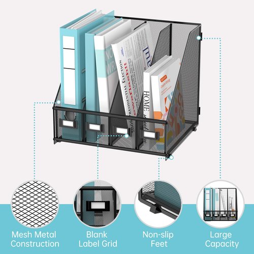 SUPEASY Magazine File Holder, Binder Holder Metal Desk Organizer with 4 Rack Compartments, File Organizer for Office Home School, Black Plus