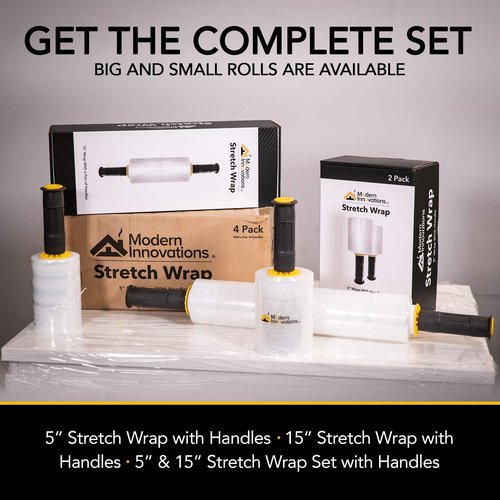 Modern Innovations Clear Stretch Wrap Roll Bundle - (2) 15" Rolls, (2) 5" Rolls, (2) Handles,(4000 Feet) Shrink Wrap for Moving, Packing Supplies for Wrapping Furniture, Plastic Pallet Cling