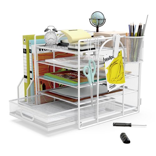 HUHOLE 5 Tier Desk Organizer with File Holder, White Mesh Paper Letter Tray Organizer with File Clip, USB Clip, Wire Desk Accessories & Workspace Organizers for Office Supplies or School Supplies