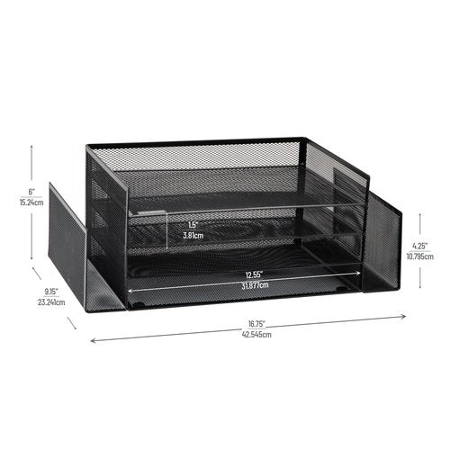 Mind Reader Desktop Organizer, File Storage, Paper Tray, Workspace, Office, Metal Mesh, 16.75"L x 9.15"W x 6"H, Black