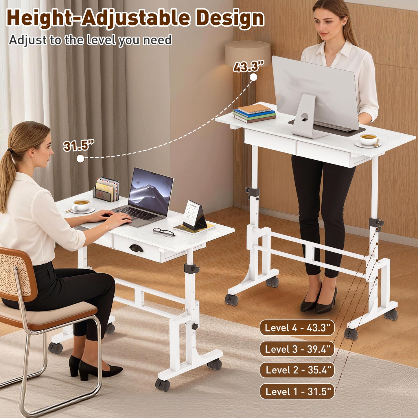 Adjustable Height Standing Desk with 2 Storage Drawers, Mobile Rolling Sit Stand Desk with Lockable Wheels, Stable Height Adjustable 31.5"-43.3" Computer Workstation for Treadmill, Home Office Study