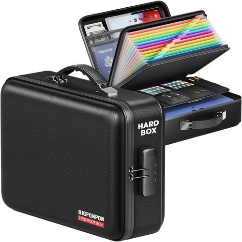 BigPonPon Fireproof Document Box, Hard Case Highly Flame-Resistant Fire Proof Waterproof File Organizer with Lock, Portable Fire Safe for Important Documents & Valuables Storage (Black, ‎15"*11"*5")