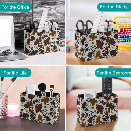 DEHOZO Pen Holder, Pencil Holder for Desk, PU Leather Desktop Pen Cup Storage, Desk Pencil Pen Organizer Makeup Brush Holder for Office Bedroom Home (Cow Print Skin Brown)