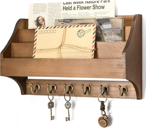 Rebee Vision Pine Wood Key Holder - Wall-Mounted Mail Organizer with Key Hooks & 3-Tier Slot | Brown