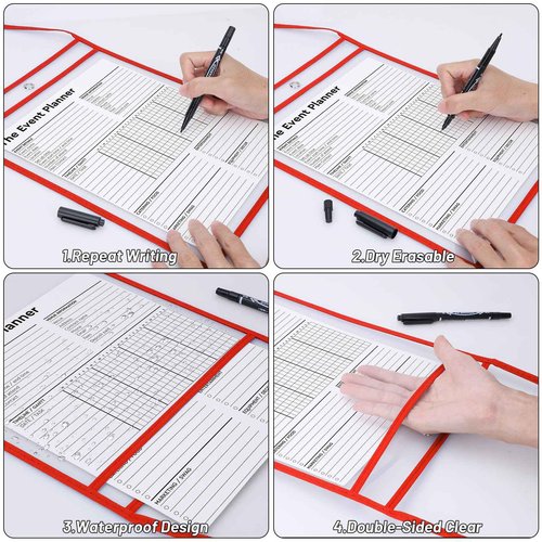 80 Pack Red Job Ticket Holder with Hanging Strap Shop Bulk Oversized Ticket Holders Work Order Plastic Sleeves 10 x 14 Dry Erase Pockets Reusable Repair Order Sleeves, Both Sides Clear