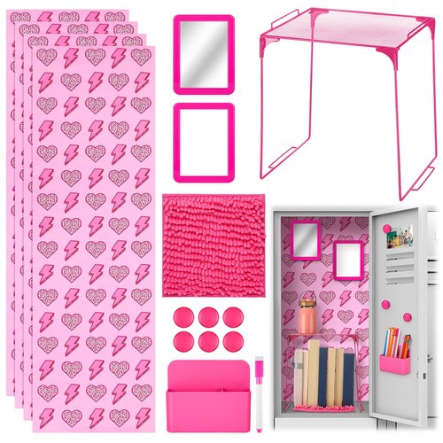 Pinkunn 16 Pcs Pink Preppy Style Locker Organizer Accessories Include Wallpaper Magnetic Whiteboard Mirror Dry Eraser Marker Rug Storage Organizing Shelf for Back to School Party(Lightning Heart)